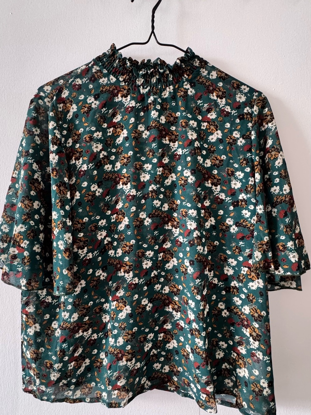 Green Floral Smocked Neck Blouse by